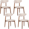 Set of 4 beige fabric upholstered dining chairs with curved backs, featuring solid rubber wood legs for durability.