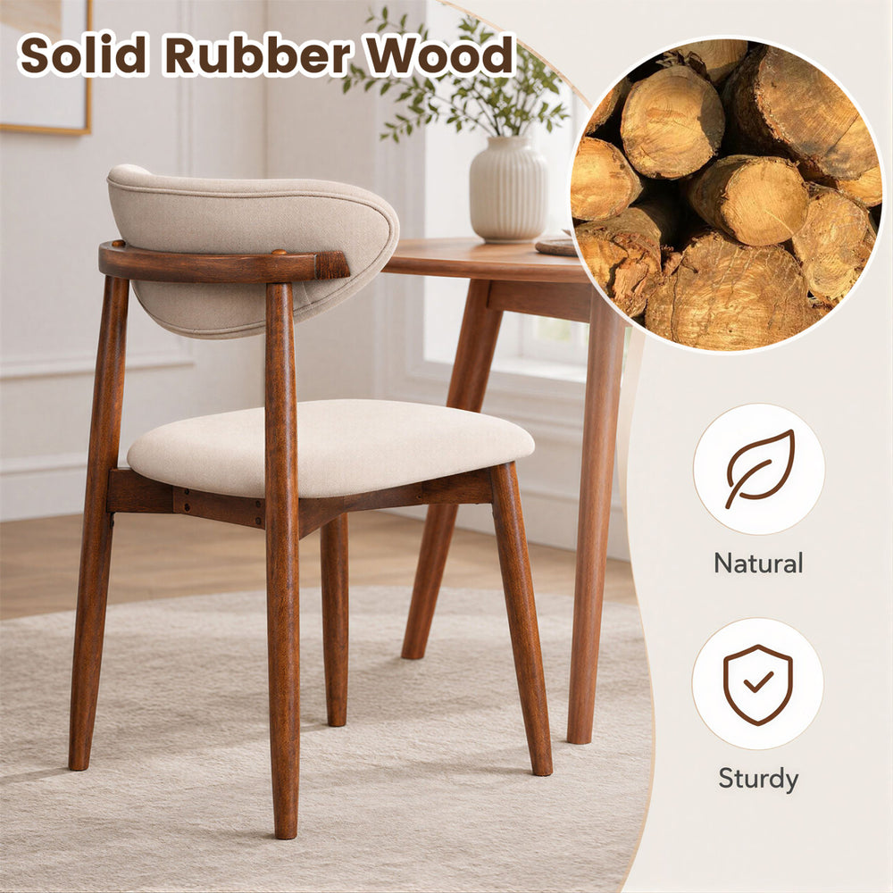 Beige fabric upholstered dining chair with curved back, made of solid rubber wood for durability and modern farmhouse style.