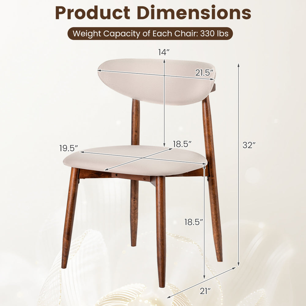 Beige fabric upholstered dining chair with curved back, solid rubber wood legs, dimensions 21.5" x 18.5" x 32" for comfort.