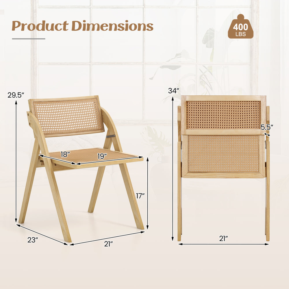 Foldable dining chair set with woven rattan backrest, sturdy rubber wood frame, and dimensions for easy storage.