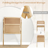 Foldable dining chair with woven rattan backrest, sturdy rubber wood frame, and convenient storage design.
