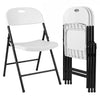 Foldable white plastic chair with ergonomic backrest, featuring a sturdy design for easy transport and space-saving storage.