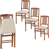 Set of 4 foldable kitchen chairs with beige upholstered padded seats, showcasing a side view and space-saving design.