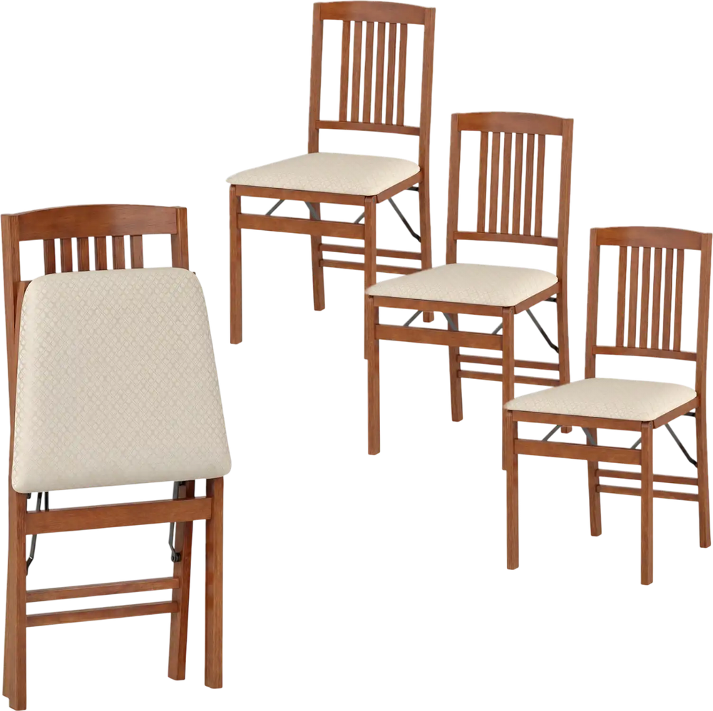 Set of 4 foldable kitchen chairs with beige upholstered padded seats, showcasing a side view and space-saving design.