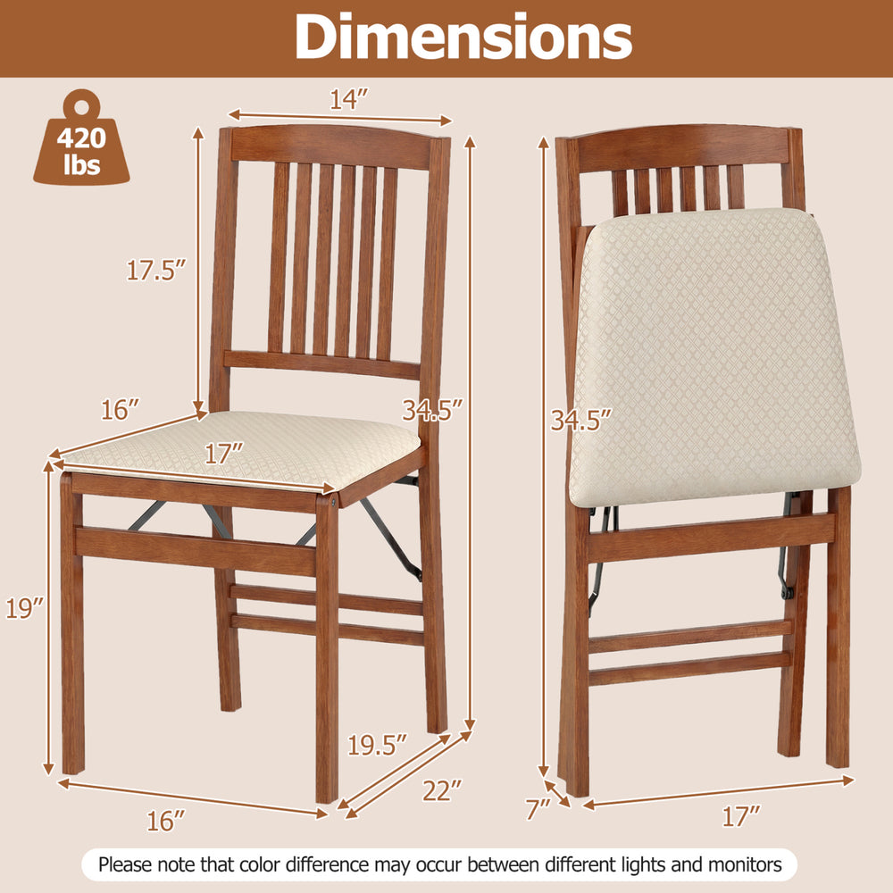 Foldable upholstered kitchen chair with padded seat in beige, showcasing dimensions and weight capacity of 420 lbs.