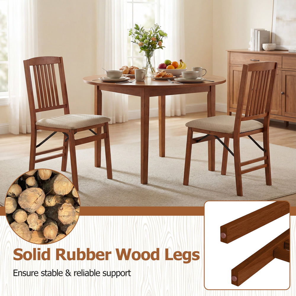 Foldable upholstered kitchen chairs with padded beige seats and solid rubber wood legs for stable support.