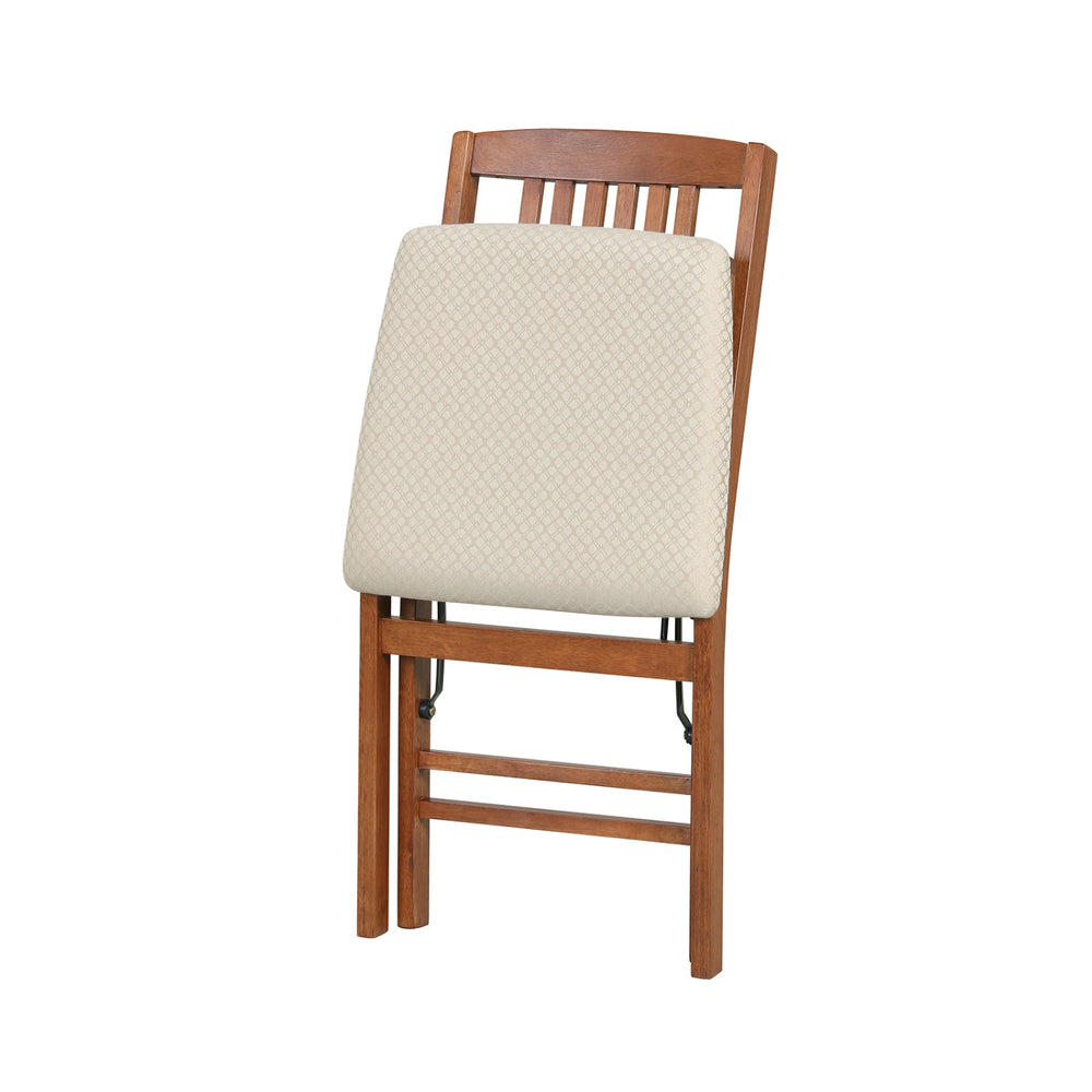 Foldable kitchen chair with padded beige seat and wooden frame, ideal for compact storage and dining convenience.