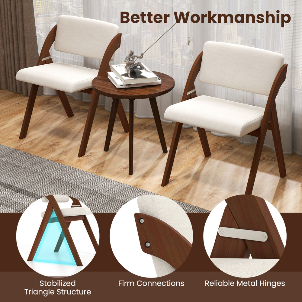 Set of 4 folding kitchen dining chairs with rubber wood legs in walnut finish, featuring a stabilized triangle.
