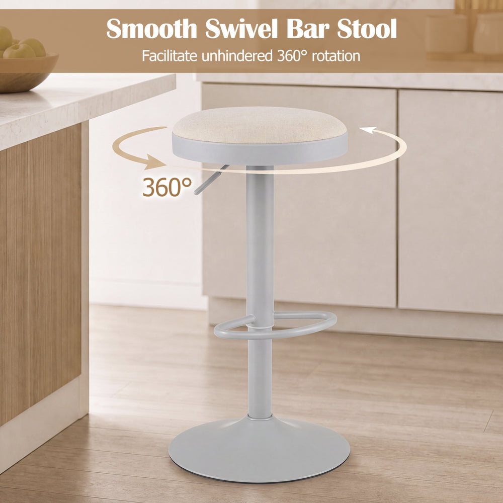 Gray kitchen bar stool with height adjustment, padded seat, and D-shaped footrest for versatile use at counters or bars.