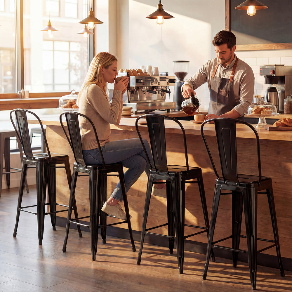 Set of 4 Metal Bar Stools with Backrests and Footrests-Black - Gallery View 1 of 10