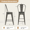 Metal bar stool dimensions showing height of 35"-39", width of 18", and stackable design for easy storage.
