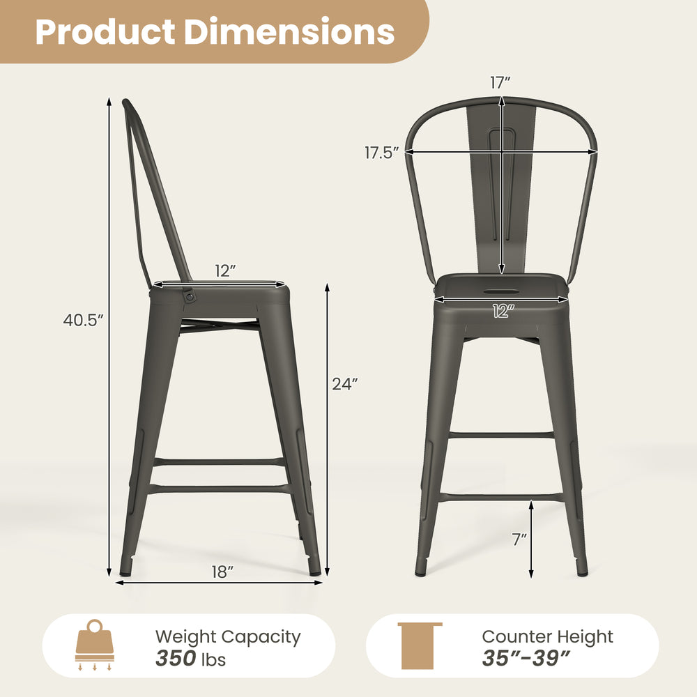 Metal bar stool dimensions showing height of 35"-39", width of 18", and stackable design for easy storage.