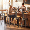 Set of 4 gun metal bar stools with backrests, stackable design, perfect for kitchen island or home bar seating.