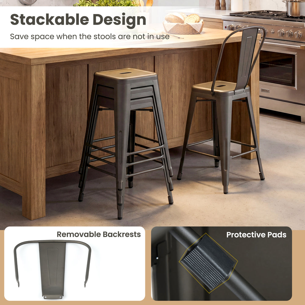 Metal bar stools with backrests in gun metal, featuring a stackable design for easy storage and protective pads for.