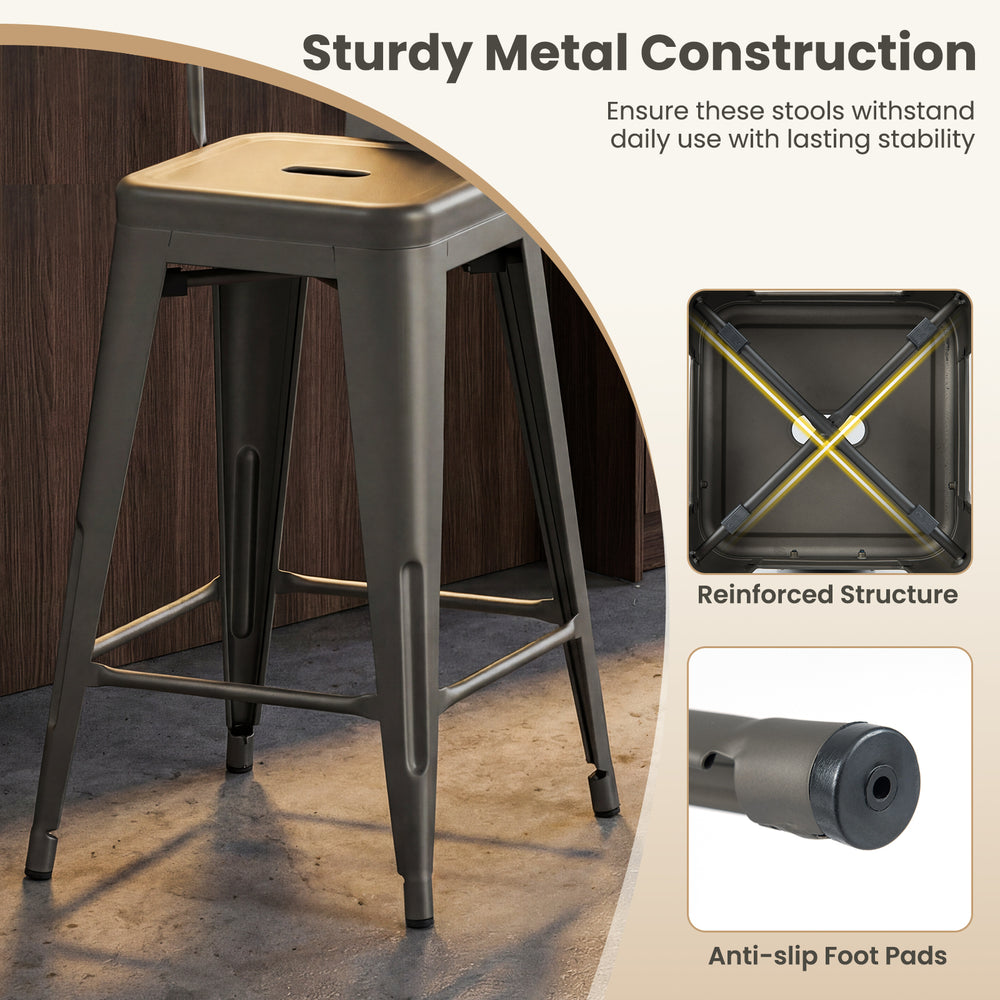 Metal bar stool with backrest and footrest, gun metal finish, stackable design for kitchen island or home bar.