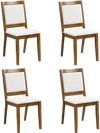 Set of 4 modern dining chairs with padded beige cushions and walnut wood frames, perfect for dining or living areas.