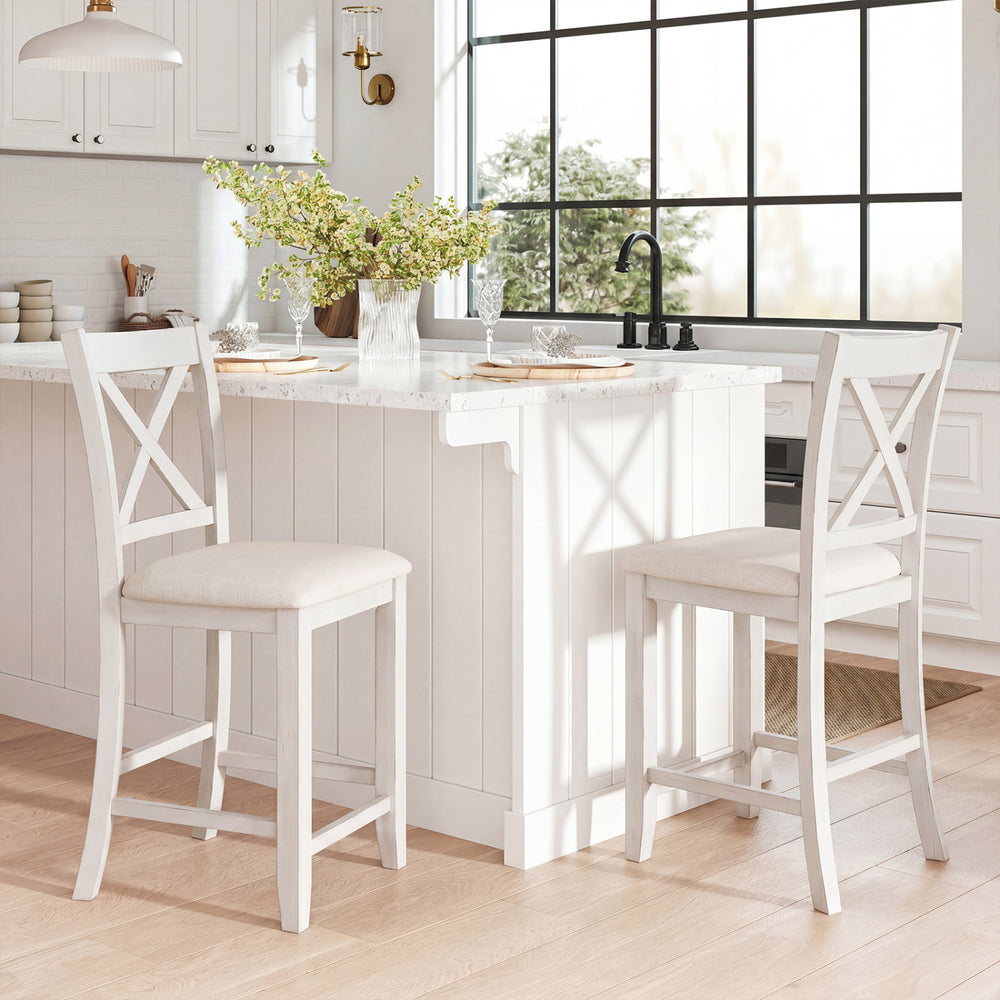 Modern farmhouse counter height stools in white with slatted back and linen cushion, perfect for dining and cafes.