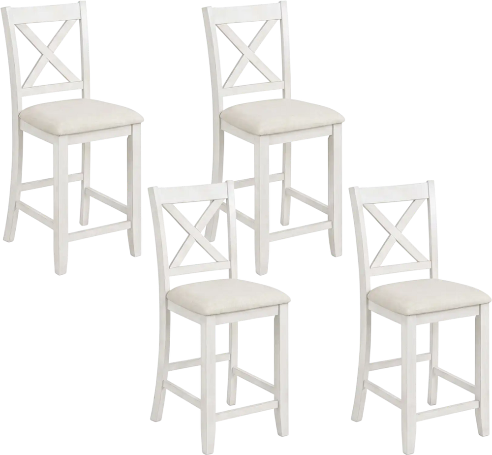 Set of 4 white counter height stools with slatted back, linen cushions, and footrest, ideal for dining and cafes.