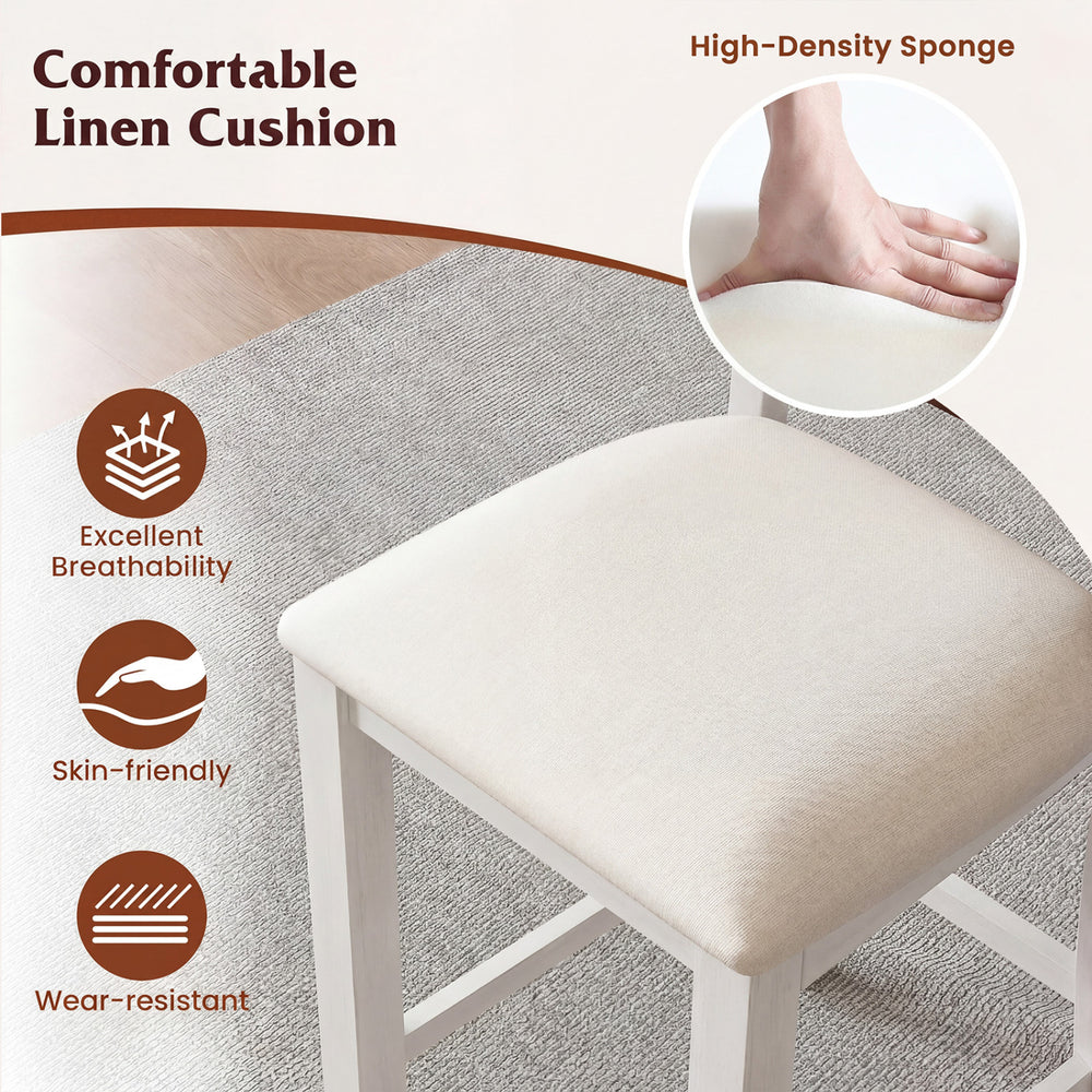 Close-up of a comfortable linen cushion filled with high-density sponge on a modern farmhouse counter height stool.