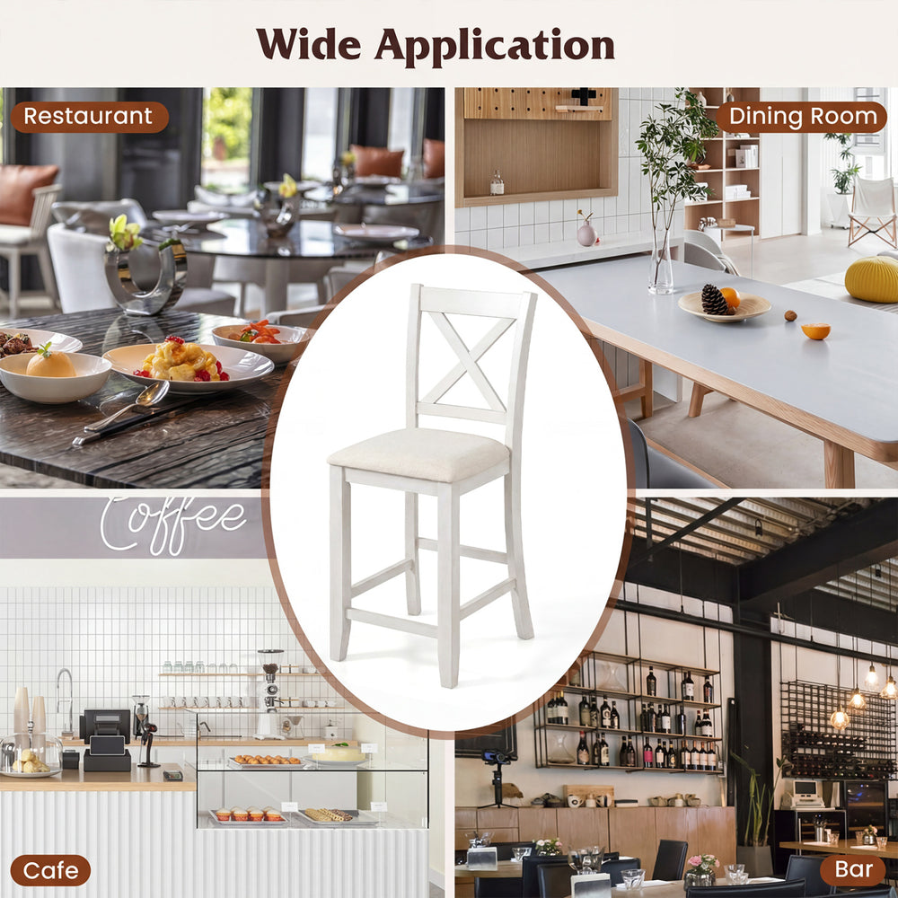 Modern farmhouse counter height stool in white with slatted back and linen cushion, perfect for cafes and dining rooms.