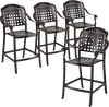 Set of 4 copper cast aluminum outdoor bar stools with ergonomic design and hollow-out pattern, ideal for patio use.