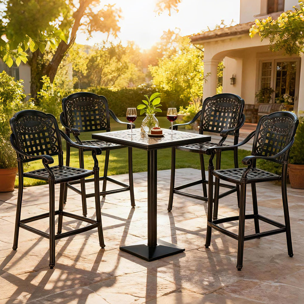 Set of 4 outdoor bar stools in cast aluminum, featuring ergonomic design and hollow-out detail, ideal for patio use.