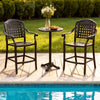 Two cast aluminum outdoor bar stools with a round table, perfect for poolside relaxation and patio gatherings.