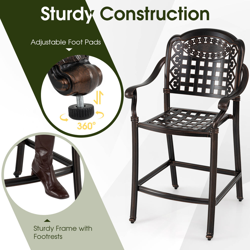 Sturdy cast aluminum outdoor bar stool with adjustable foot pads, ergonomic design, and hollow-out detail for patio use.