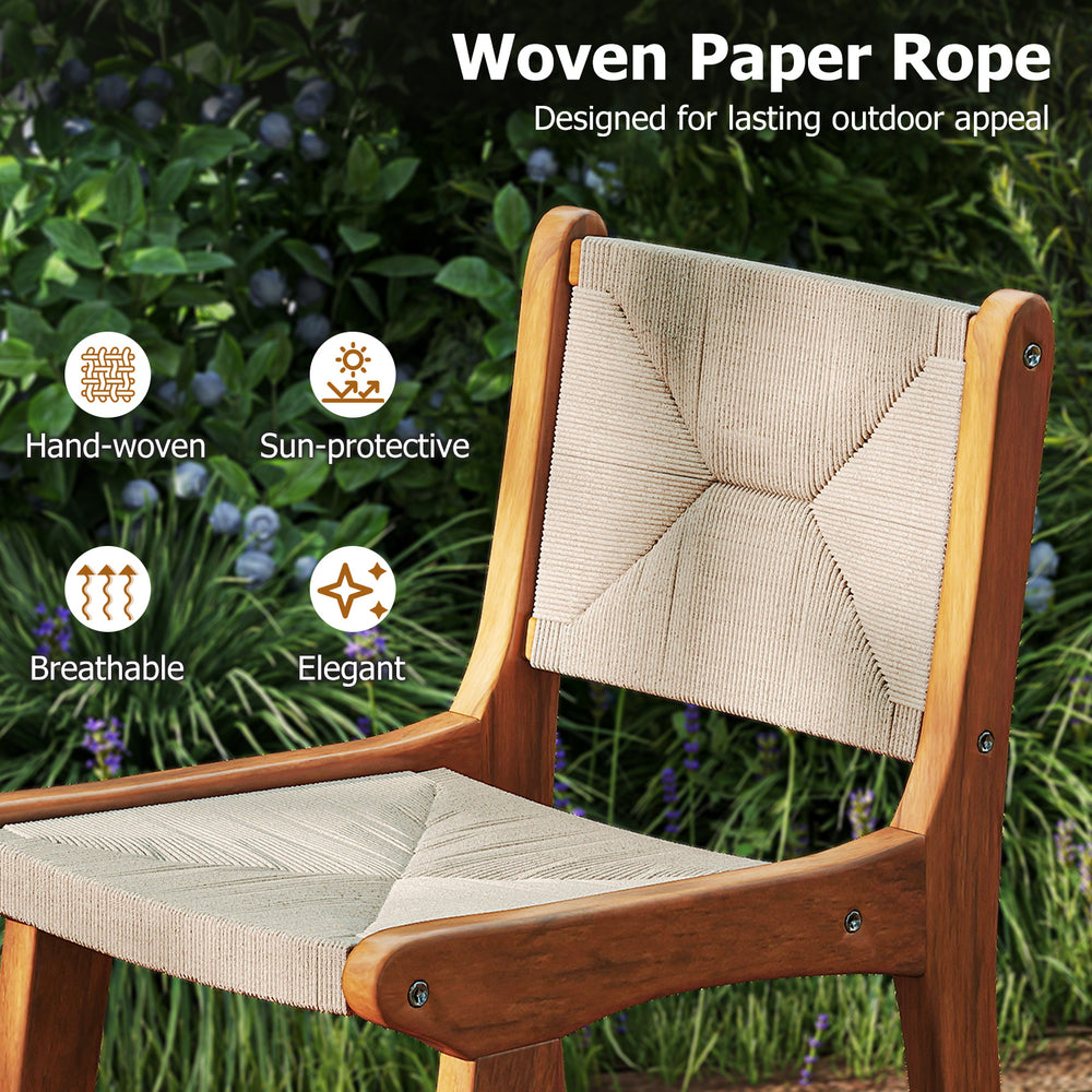 Woven paper rope bar stool with teak wood frame, designed for outdoor use, offering breathable comfort and elegant.