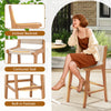 Outdoor counter height bar stool with inclined backrest and contoured seat, crafted from teak wood and woven paper rope.