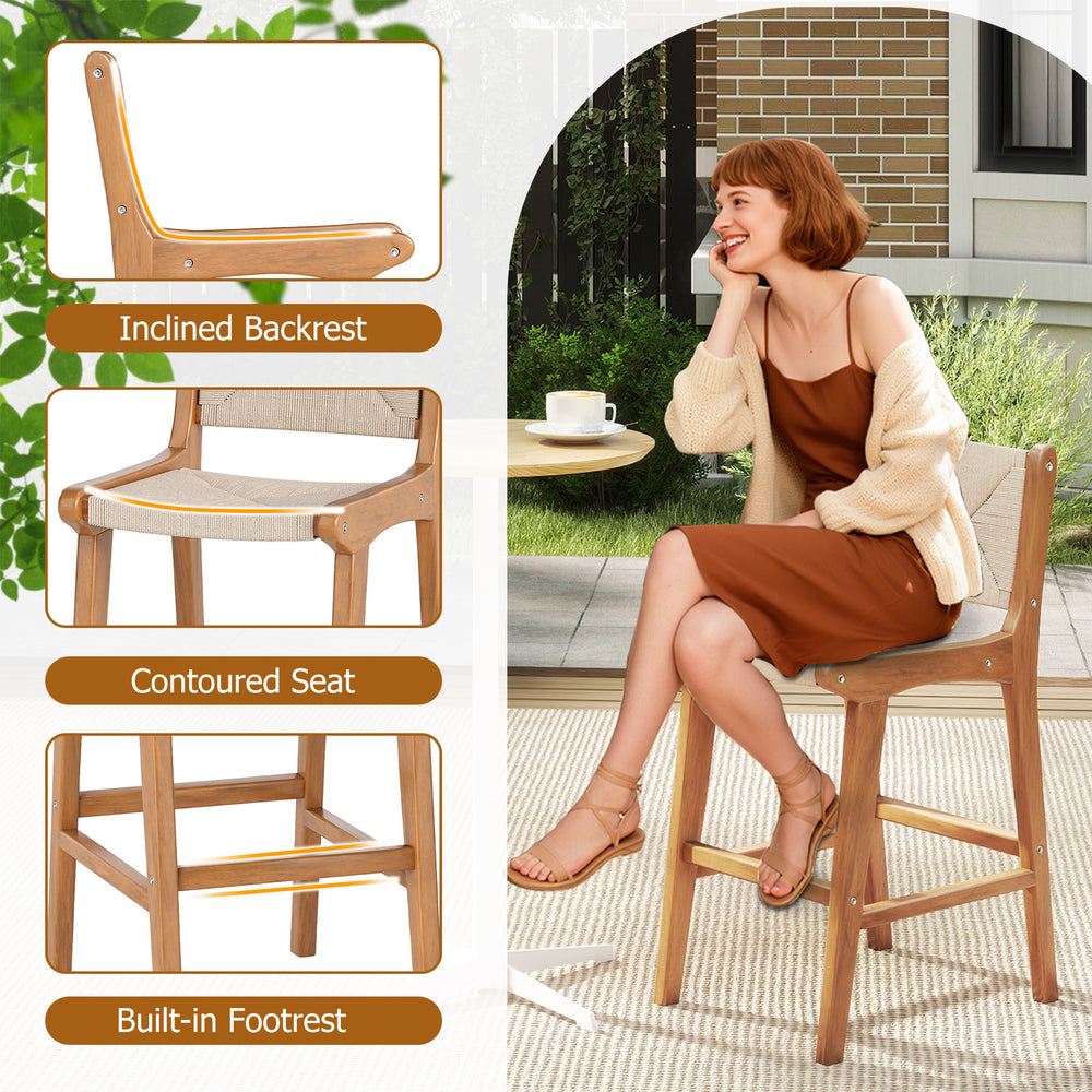 Outdoor counter height bar stool with inclined backrest and contoured seat, crafted from teak wood and woven paper rope.