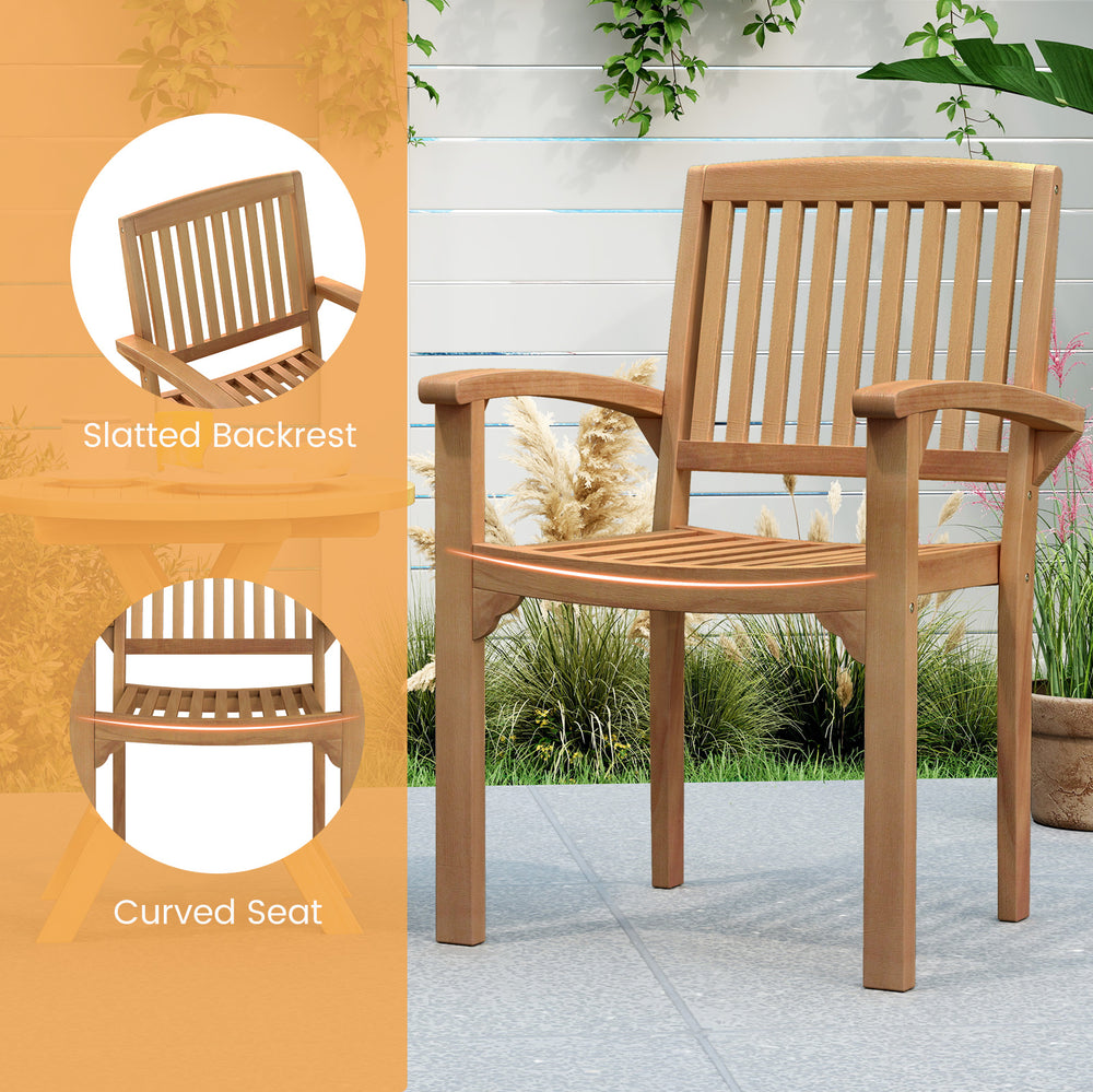 Outdoor patio chair with slatted backrest and curved seat, made of Indonesian teak wood for durability and comfort.