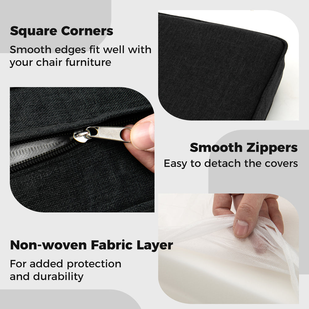 Close-up of the black outdoor patio cushion set, featuring smooth zippers and square corners for a perfect fit.