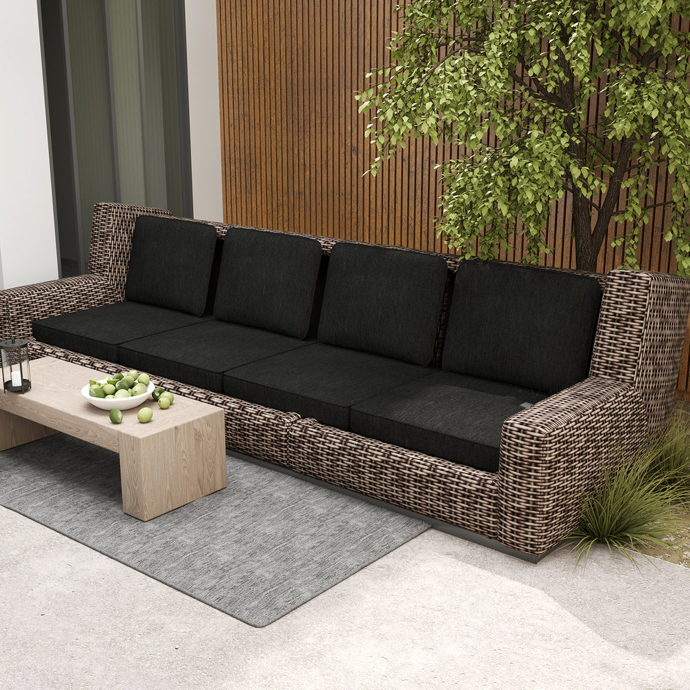 Set of 4 outdoor patio cushions in black with removable covers, featuring breathable fabric and 4" thick plush support.