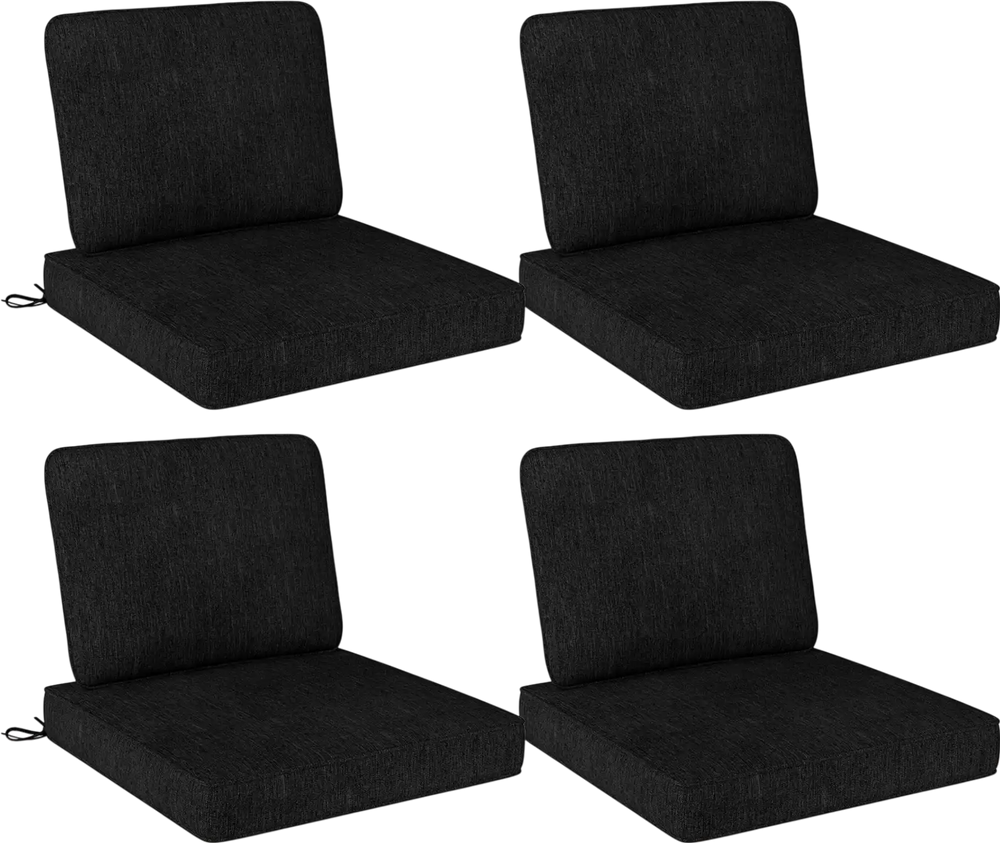 Set of 4 black outdoor patio cushions with removable covers, crafted from breathable olefin fabric for comfort and.