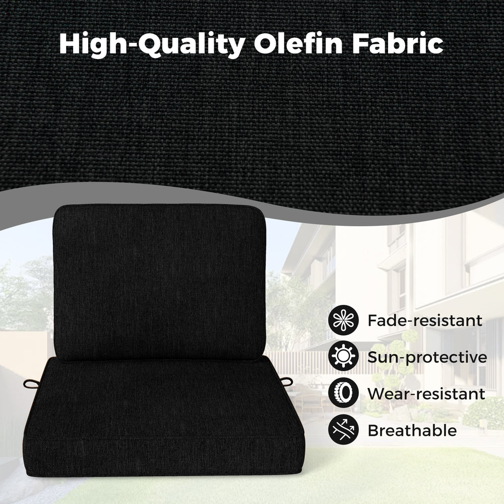 Black outdoor patio cushion set featuring breathable olefin fabric, fade-resistant and sun-protective for outdoor.