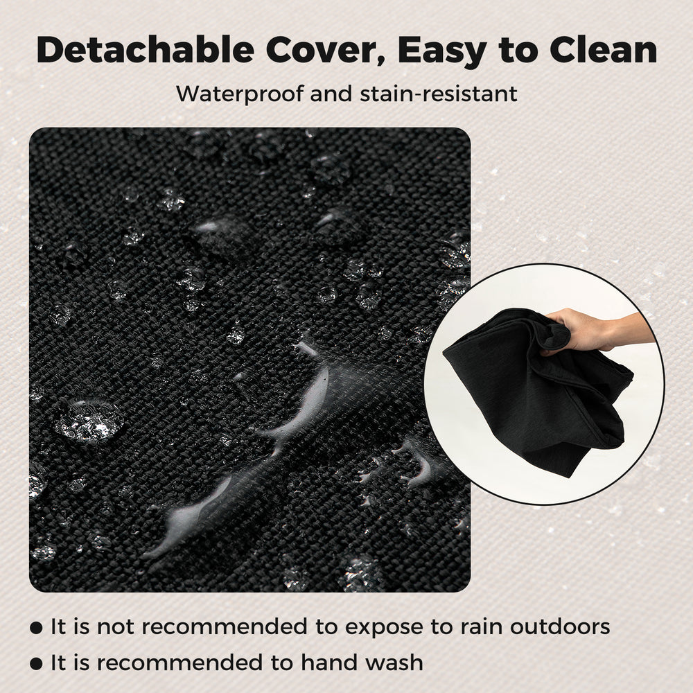 Close-up of black outdoor patio cushion set with removable covers, waterproof and stain-resistant for easy cleaning.