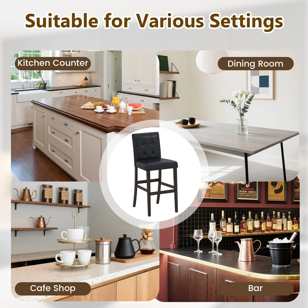 Set of 4 PVC leather bar stools with solid wood legs, suitable for kitchen, café, and bar settings.