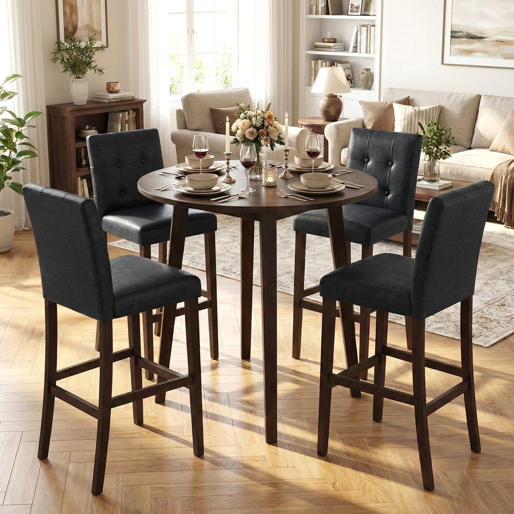 Set of 4 PVC Dining Leather Bar Stools with Solid Wood Legs-29 inch - Gallery View 1 of 8