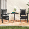 Two black patio dining chairs with wide armrests and slatted seats, perfect for outdoor relaxation.