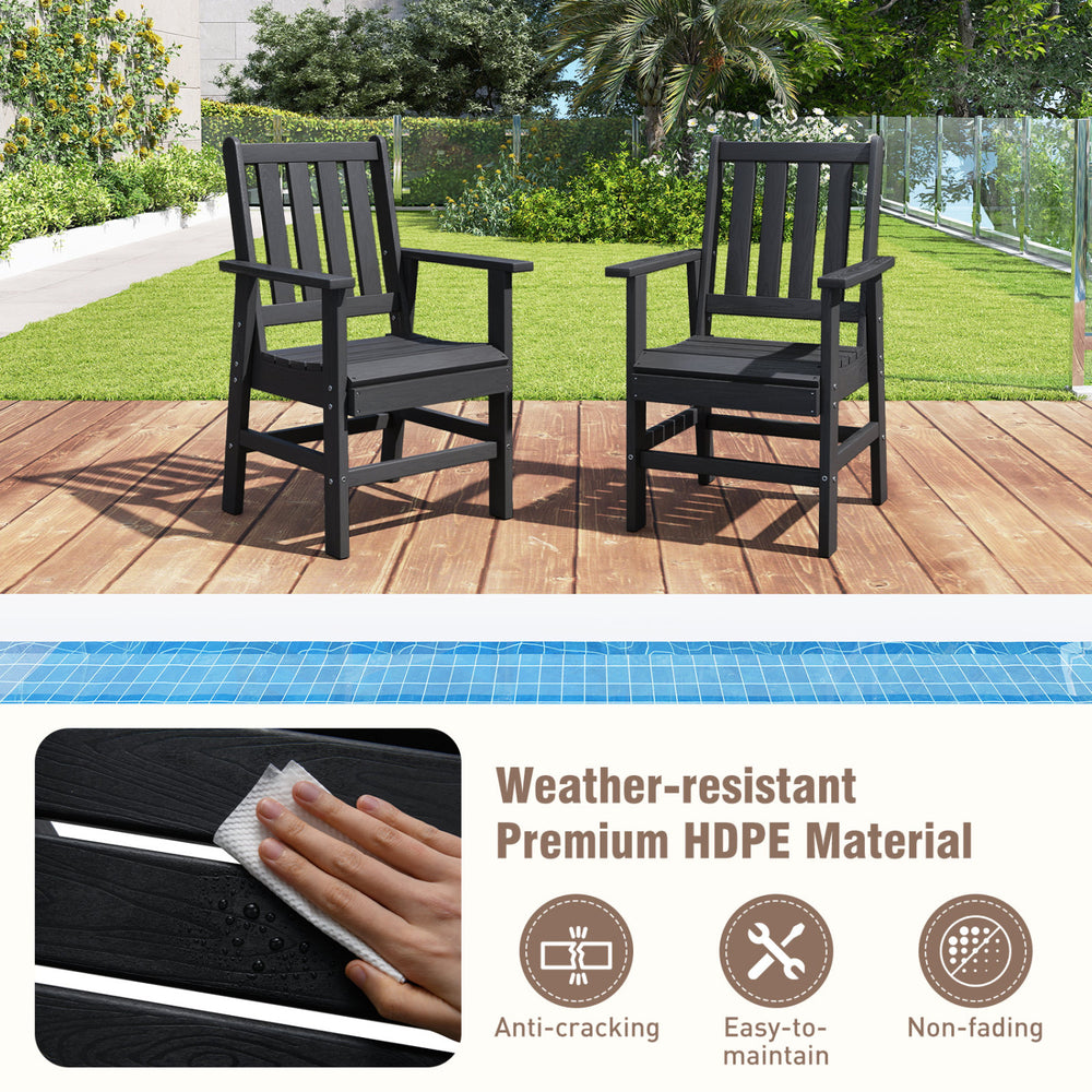 Set of 4 black patio dining chairs with wide armrests, made of weather-resistant HDPE material for outdoor use.