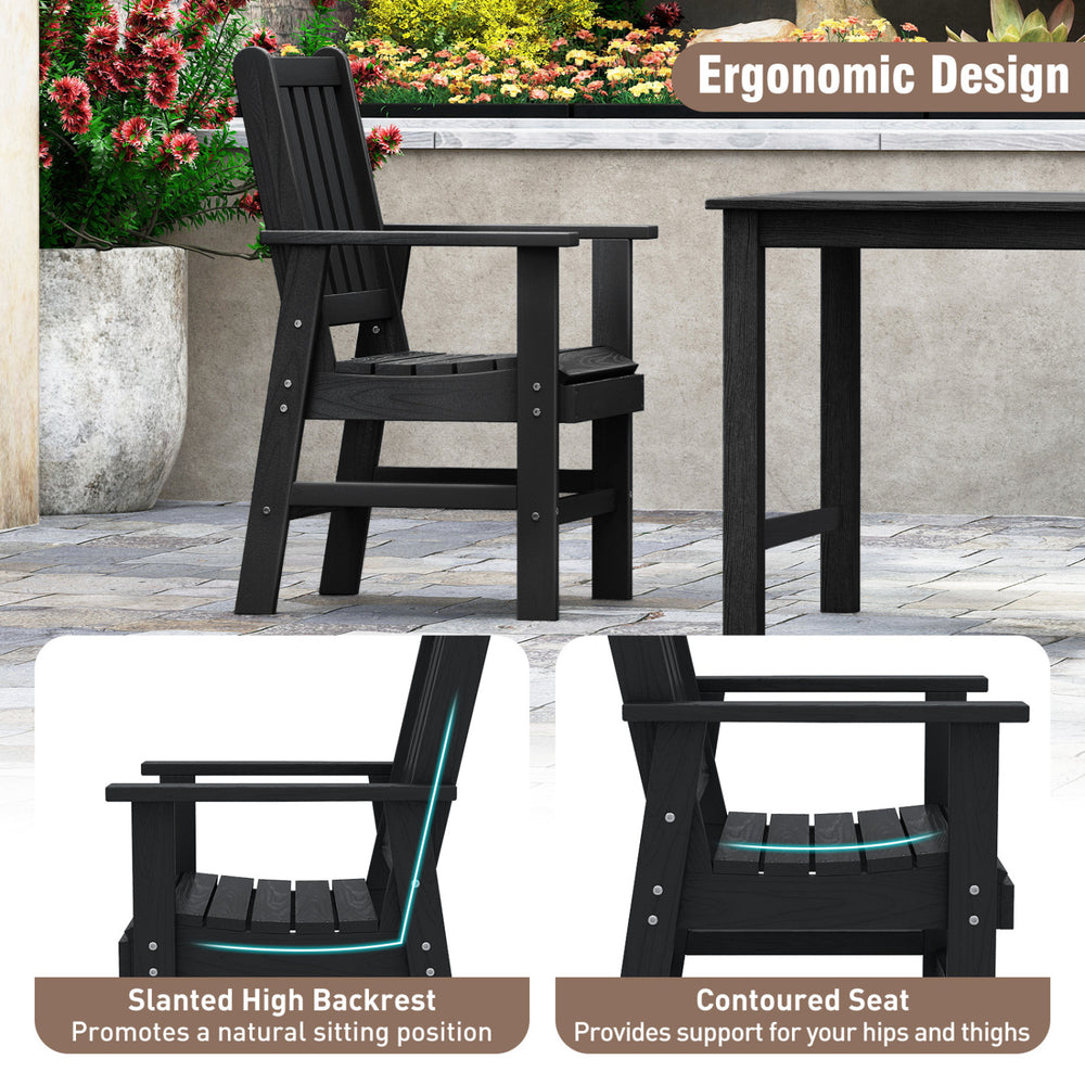Black patio dining chair with slanted high backrest and contoured seat, designed for comfort and outdoor durability.