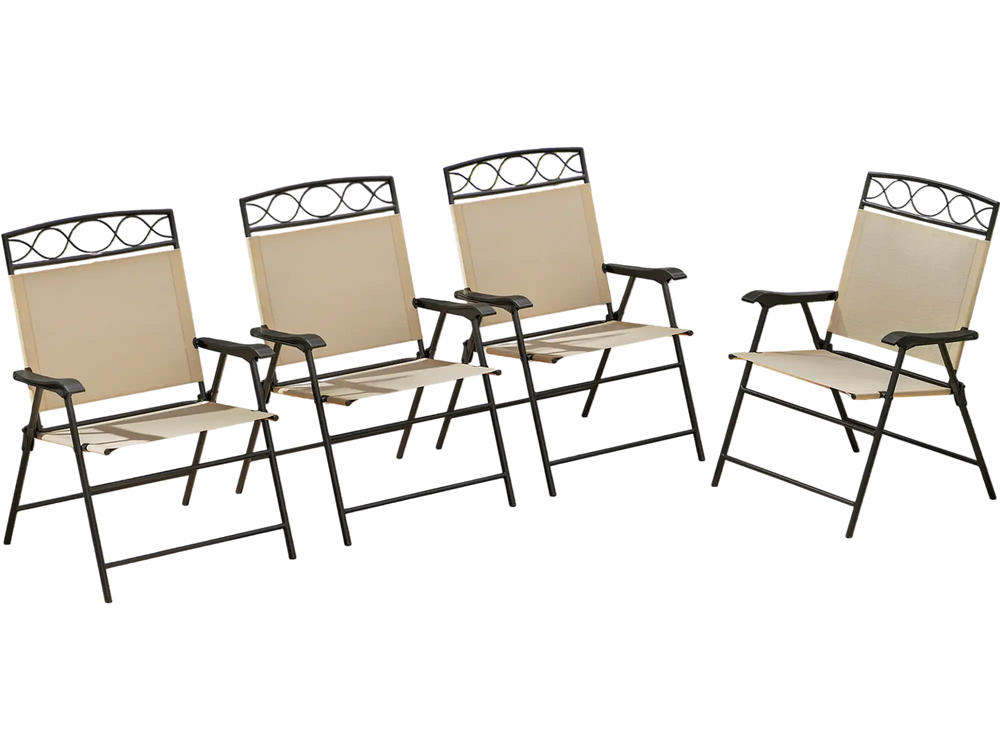 Set of 4 beige patio folding chairs with armrests, featuring a lightweight design for easy storage and outdoor use.
