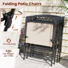 Stacked set of 4 beige patio folding chairs with armrests, featuring a lightweight design for easy storage and.