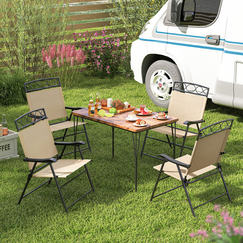 Set of 4 beige patio folding chairs with armrests, perfect for outdoor dining and relaxation in garden or backyard.