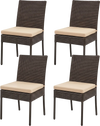 Set of 4 brown patio rattan wicker dining chairs with soft, removable cushions for comfortable outdoor seating.