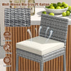 Close-up of a soft seat cushion on a gray PE rattan barstool, ideal for outdoor patio use with cozy footrest.