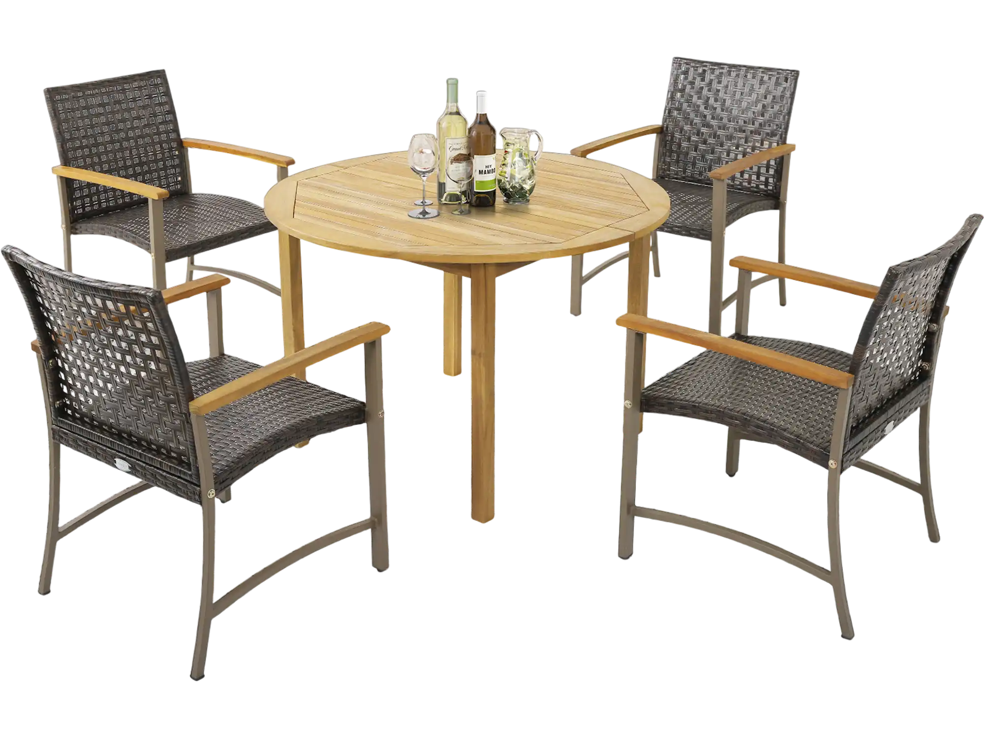 Costway Patio Rattan Dining Chairs Set of 4 Acacia Wood Armrests 49753826 New