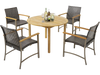 Round dining table with four patio rattan chairs, featuring acacia wood armrests, perfect for outdoor gatherings.