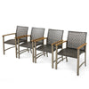 Set of 4 patio rattan dining chairs with acacia wood armrests, featuring a breathable design for outdoor relaxation.
